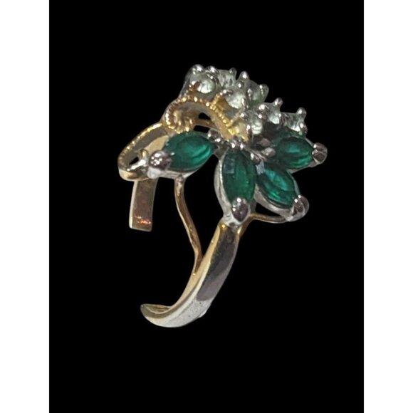 Vintage Faux Emerald And Diamond 14kt Gold Plated Floral Ring Size 5 3/4 - Picture 10 of 14